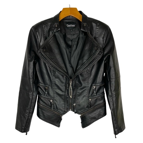 chouyatou Moto Studded Perfectly Shaping Faux Leather Biker Goth Jacket NWOT - Picture 2 of 11